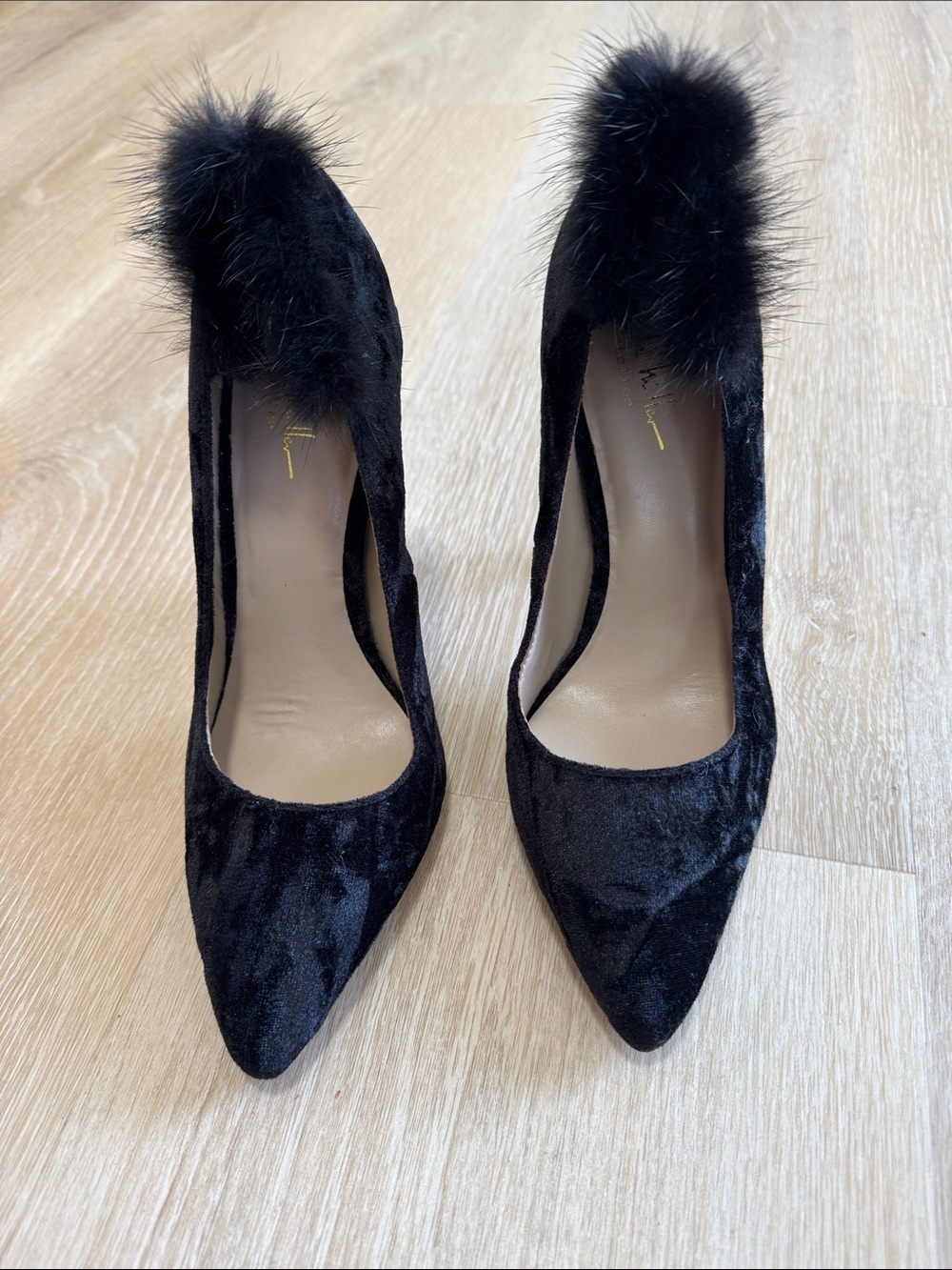 Nicole Miller Black Velvet Pointed Pumps with Fur Pom Detail